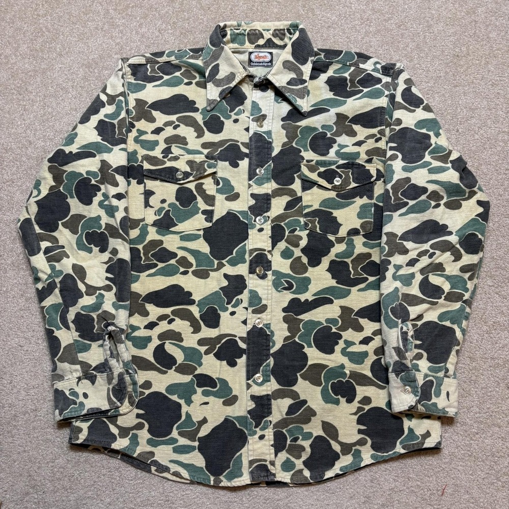 Vtg 70s OshKosh Bgosh Shirt Mens Large Frogskin Duck Camo Button Up LS Hunting